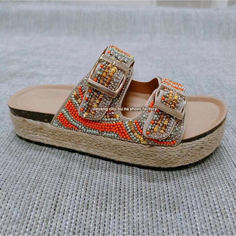 Womens Flat Sandals | Kravis Flat Sandals Beige Combo Textile Woven